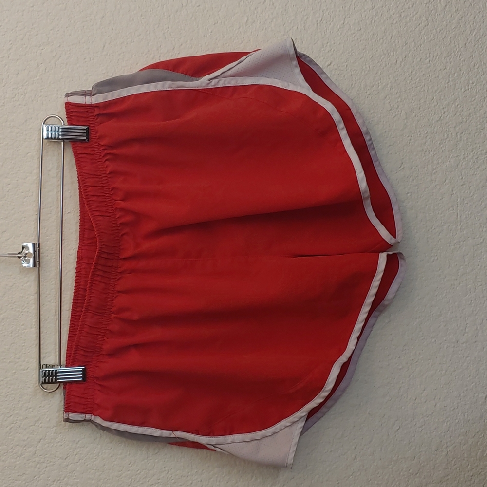 Retro TSLA running shorts with liner & pocket. Red, gray & white. Large.